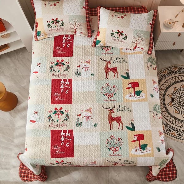 MarCielo B023 Christmas Red/Multi Plaid Snowman and Deer Queen Polyester Quilt Bedspread Set