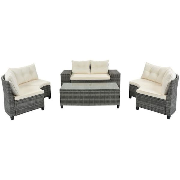Miscool Anky Gray 8-Piece Wicker Patio Conversation Set with Beige Cushions