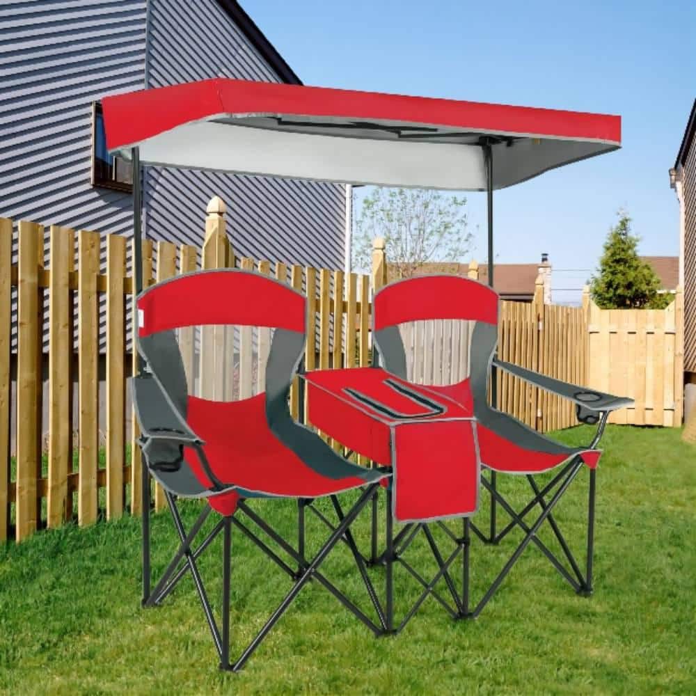 Red Double Folding Camping Chair with Canopy and Cooler
