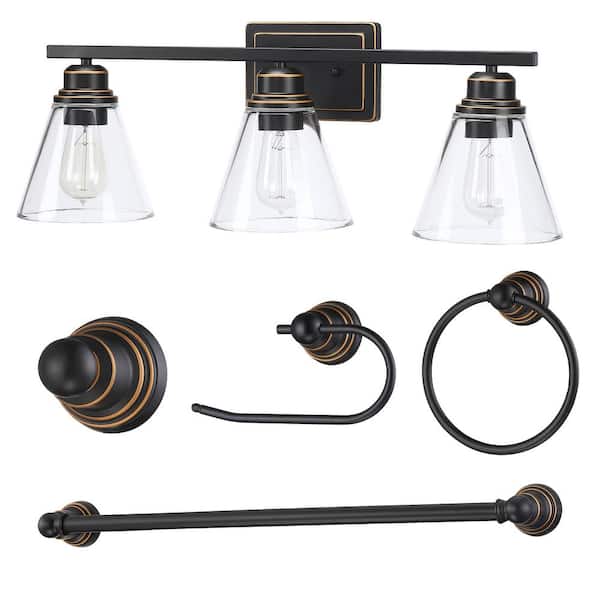 Dawn 26 in. 3-Light Oil Rubbed Bronze Vanity Light with Clear Glass Shades and Bath Set(5-Piece)