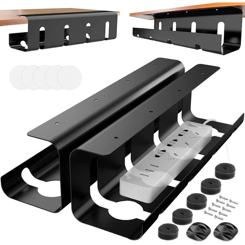 Under Desk Cable Management Tray No Drill 15.7 in Steel Tray with Wire Cord Organizer 2 Pack Black Cable Raceway