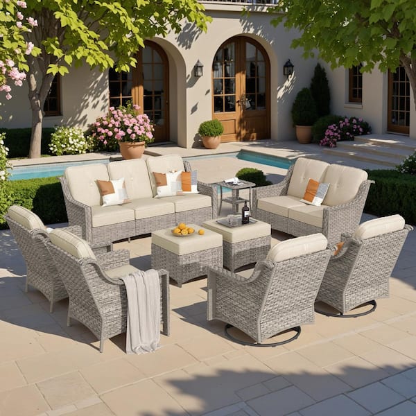 Toject Eureka Gray 9-Piece Wicker Modern Outdoor Patio Conversation Sofa Seating Set with Swivel Chairs and Beige Cushions
