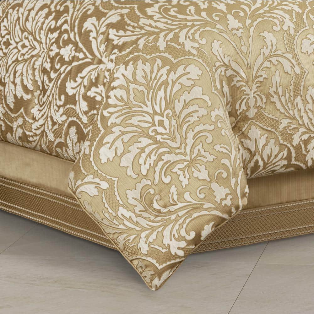 Ivory and Gold Embroidered Queen Bedding Set with Shams