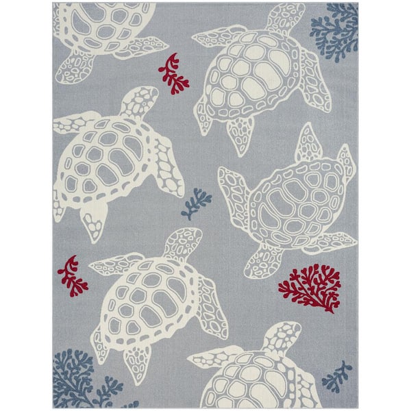 Home Dynamix Marine Sea Turtle Grey/Ivory 8 ft. x 10 ft. Indoor/Outdoor Area Rug