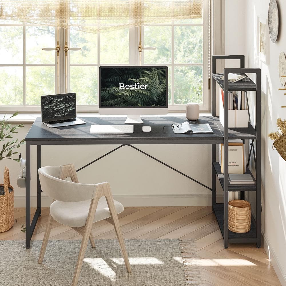 63" Black Oak Writing Desk with Headphone Hook and Reversible Bookshelf