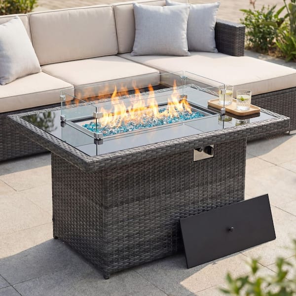43 in. Rectangular Wicker Patio Gas Fire Pit Table with Glass Top