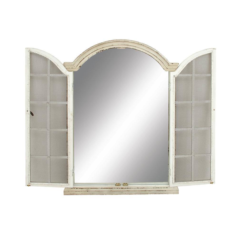 Cream Wood Windowpane Arched Wall Mirror with Distressed Finish