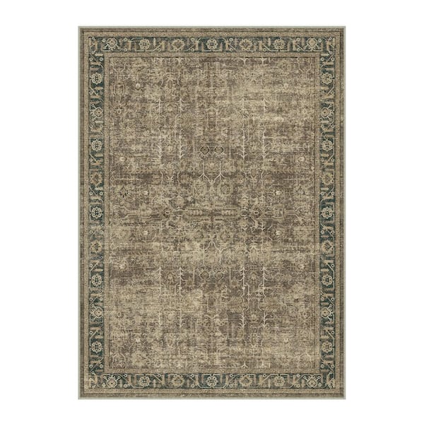 BurschBrown 9 ft. x 12 ft. Distressed Vintage Floral Area Rug