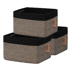 Cotton Rope Square Basket with Handles for Shelves, Dog Toy Shoe Basket for Organizing Set of 3, Black