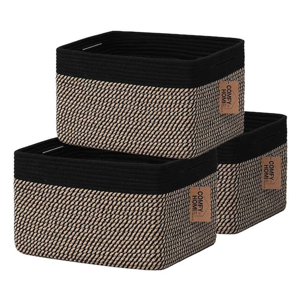 Afoxsos Cotton Rope Square Basket with Handles for Shelves, Dog Toy Shoe Basket for Organizing Set of 3, Black