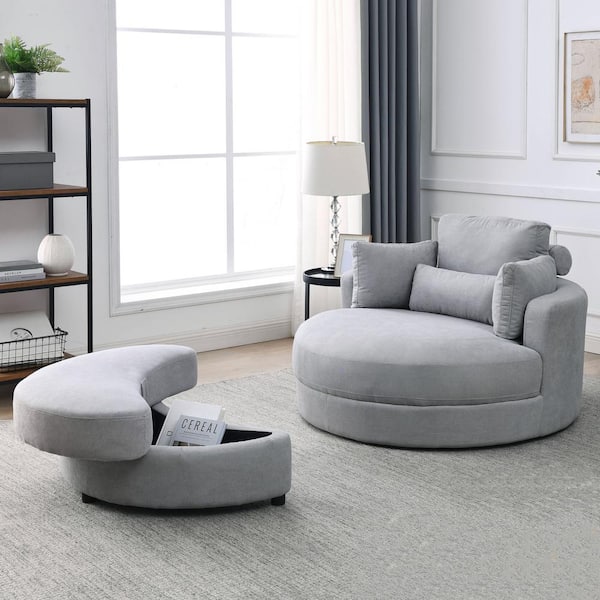 51 in. Swivel Accent Barrel Sofa Linen Fabric Lounge Club Big Round Chair with Storage Ottoman and Pillows, Light Gray