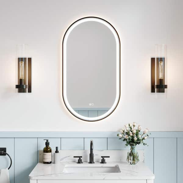 20 in. W x 36 in. H Oval Framed LED Light and Backlit Wall Mount Bathroom Vanity Mirror in Matte Black