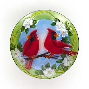 18 in. Round Outdoor Birdbath Bowl Topper with Painted Red Cardinal and Floral Design