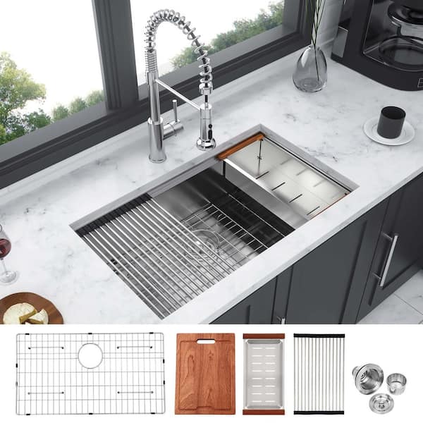 Lindra 33 in. L x 19 in. W Undermount Single Bowl Stainless Steel Kitchen Sink with Cutting Board, Grid, Strainer