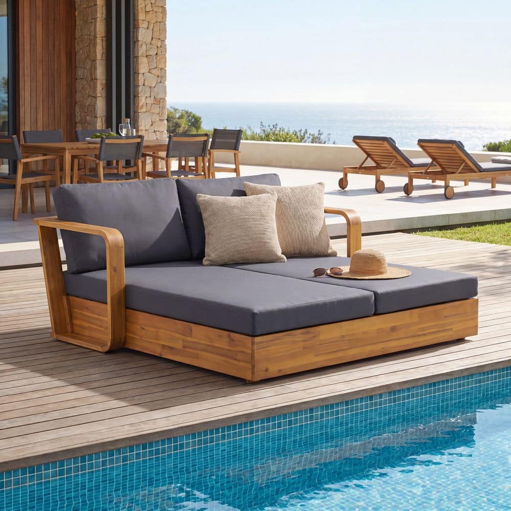 Della Modern Teak Finish Acacia Wood Patio Outdoor Day Bed with Dark Grey Cushions price history on PriceWatchPro