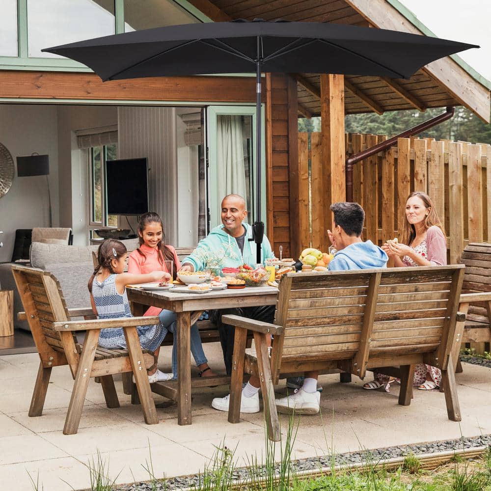 Black Rectangular Steel Market Patio Umbrella with Crank Lift and Push-Button Tilt