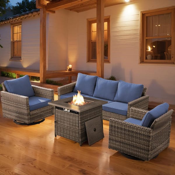 Gymojoy Valenta Gray Wicker 4-Piece Patio Conversation Sofa Set Outdoor Swivel Rocking Chair with Fire Pit Table, Blue