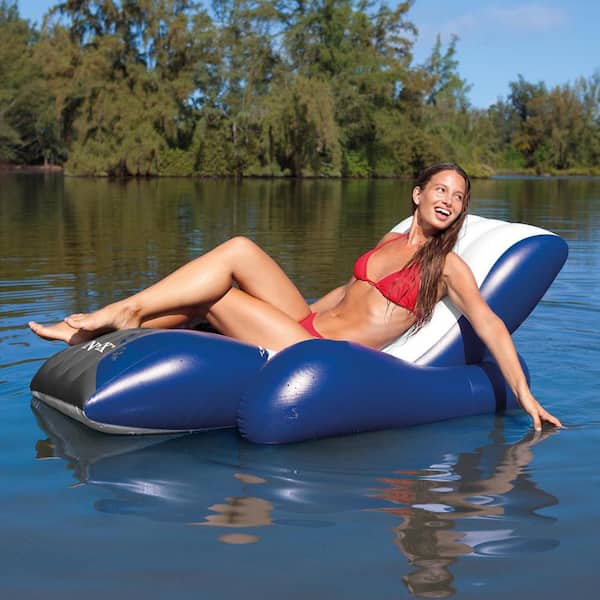 White/Blue/Black Floating Lounge Pool Recliner Lounger with Cup Holders