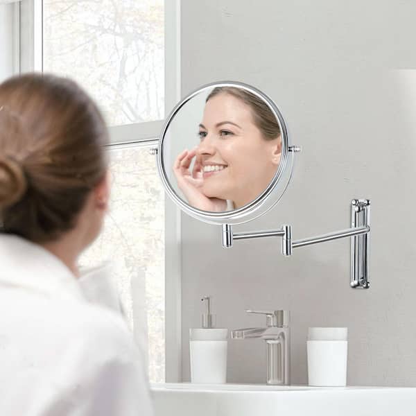16.7 in. W x 13 in. H Round 2-Sided 1X/7X Framed Wall Mount Magnifying Makeup Bathroom Vanity Mirror in Chrome