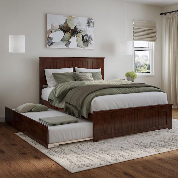 Nantucket Walnut Brown Solid Wood Frame Queen Platform Bed with Matching Footboard and Twin XL Trundle