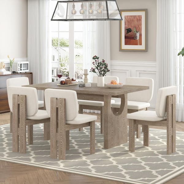 7-Piece Rectangle Natural Wood Wash MDF Top Dining Set Seats 6 with 6-Beige Linen Upholstered Chairs