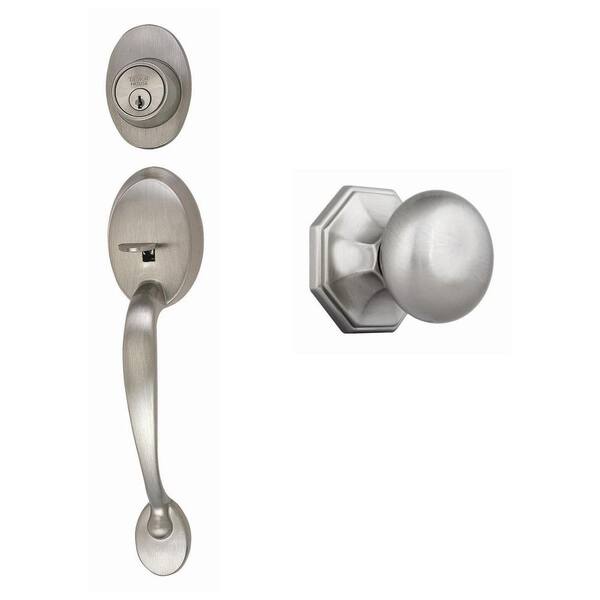 Design House Coventry Satin Nickel Handleset with Barcelona Knob and Single Cylinder Deadbolt