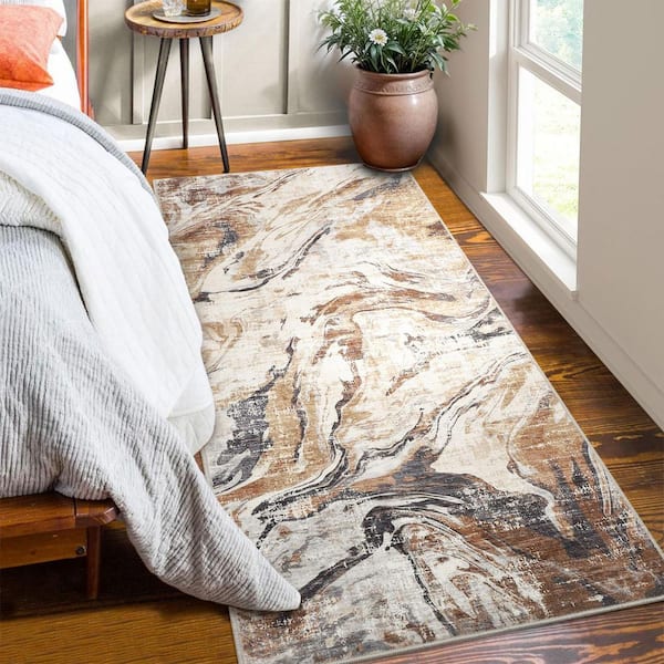 Brown 2 ft. x 6 ft. Modern Abstract Foldable Machine Washable Polyester Area Rug