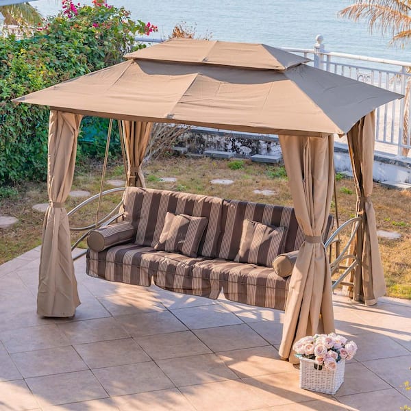 3-Person Outdoor Patio Metal Swing Gazebo with Netting and Gazebo Curtains, Daybed Adjustable, Beige