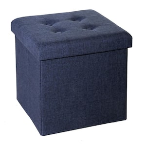Midnight Blue Foldable Fabric Storage Ottoman with Quilted Top