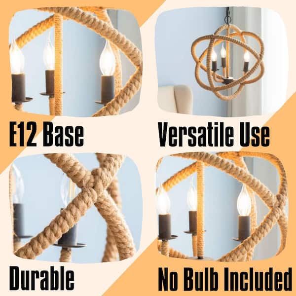Vintage Series 3-Light Beige Brown Rope Wrapped Globe Chandelier Rustic Orb Chandelier for Dining Room