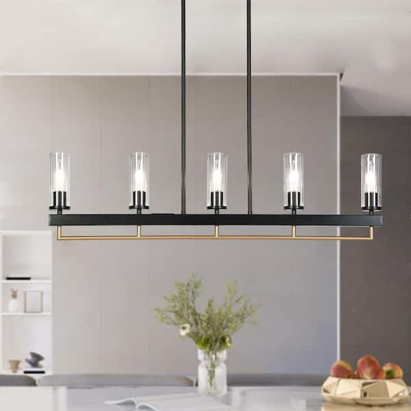 Yehudis Modern 5-Light Black and Gold Linear Chandelier Island Light with Cylinder Clear Glass Shade for Dining Room