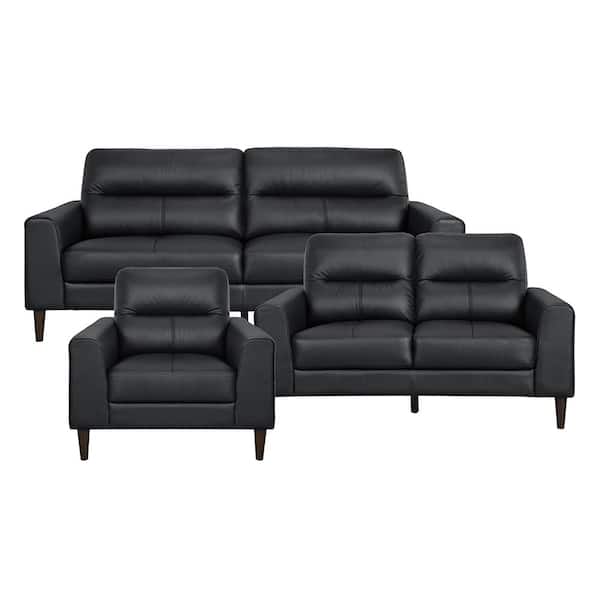 Lazzara Milford 76 in. W. Straight Arm Leather Rectangle 3-Piece Living Room Sofa Set in Black