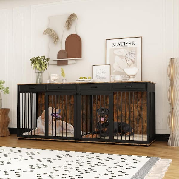 92.9 in. Super Large Dog Crate Furniture, Indoor Wooden Dog House Kennel Cage with 4-Drawers and Divider, Tiger Skin