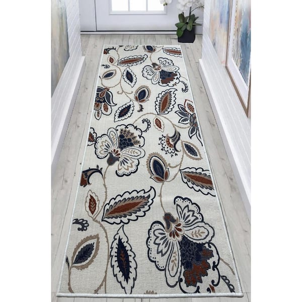 Custom Size Runner Rug Collection Floral Design Gray 26 in. W x 540 in. L Stair Runner 97.5 sq. ft.