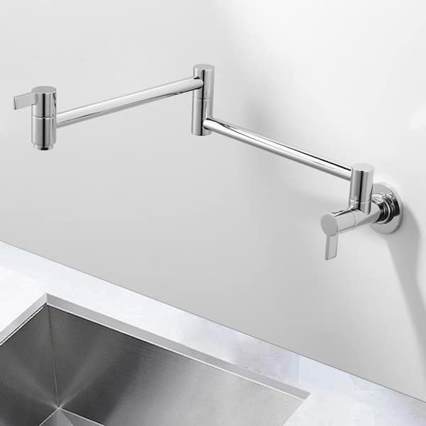 Brass Wall Mount Pot Filler with Double Handle, 2 aerators and Swing Arms Folding Kitchen Faucet in Polished Chrome