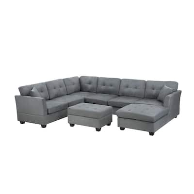 121.25 in. 4-Piece 6-Seat Velvet U-Shape Sectional Sofa in Gray with 2-Pillows and Storage Ottoman