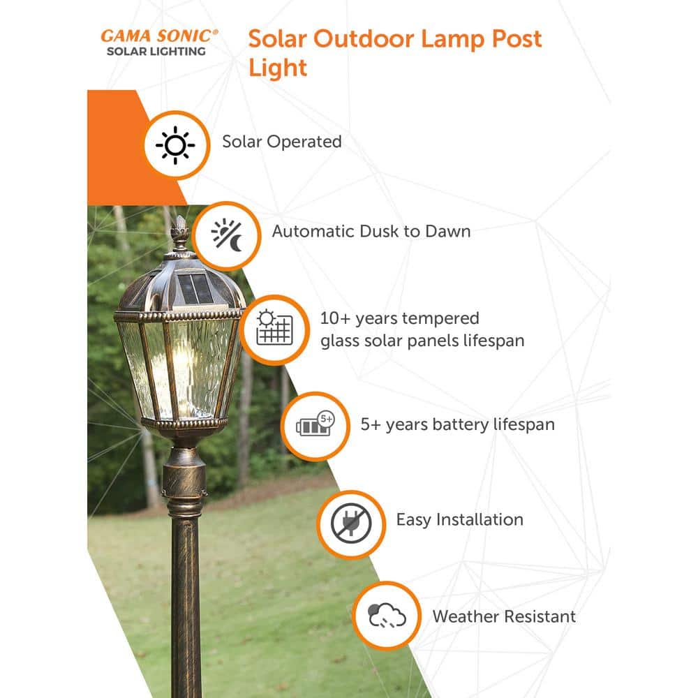 87-Inch Bronze Aluminum LED Solar Lamp Post with Rain Glass Panels