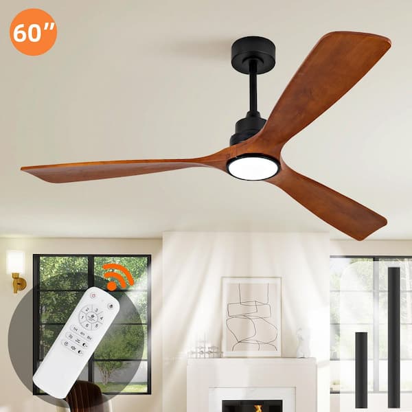 60 in. Black Propeller Downrod Ceiling Fan with Light, Brown Wood Blades, Dimmable LED, Reversible DC Motor
