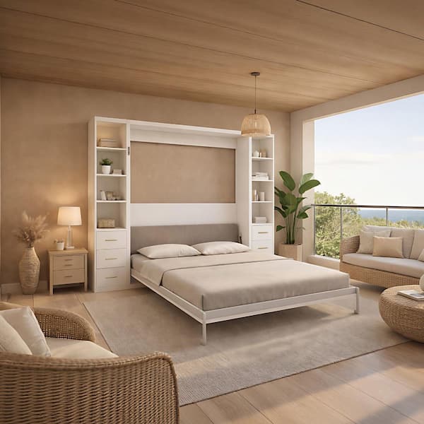 Rupert White Wood Frame Queen Size Multifunctional Murphy Bed, Wall Bed with Grey Bed Frame, Side Storage Cabinet