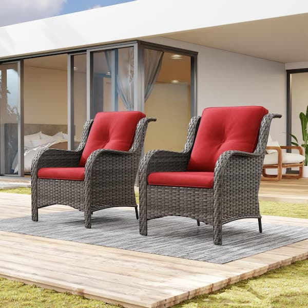 Ergonomic Arm 2-Piece Patio Wicker Outdoor Lounge Chair with Red Cushions