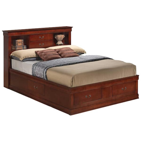AndMakers Louis Philippe Cherry Full Storage Platform Bed with 6 Storage-Drawers