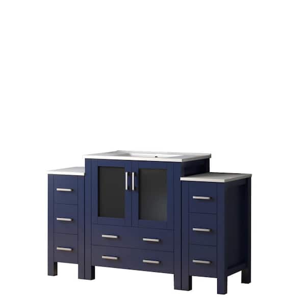 Volez 54 in W x 18.25 in D Navy Blue Single Bath Vanity with Side Cabinets, and White Ceramic Top