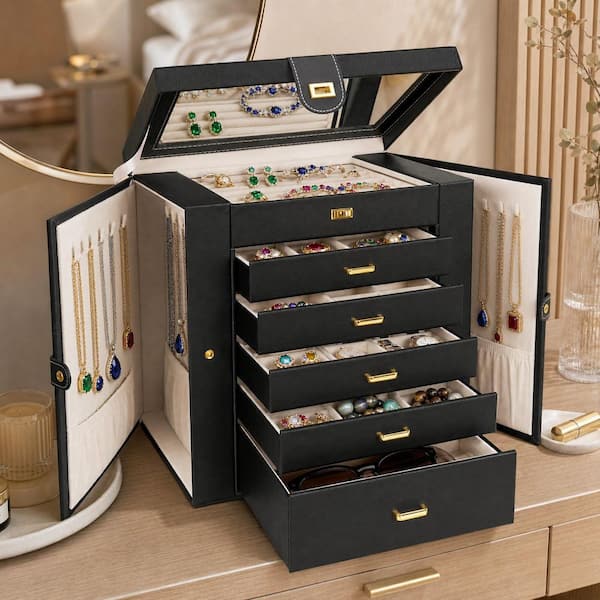 Angel Sar Huge Jewelry Box Organizer with Mirror, Large Leather