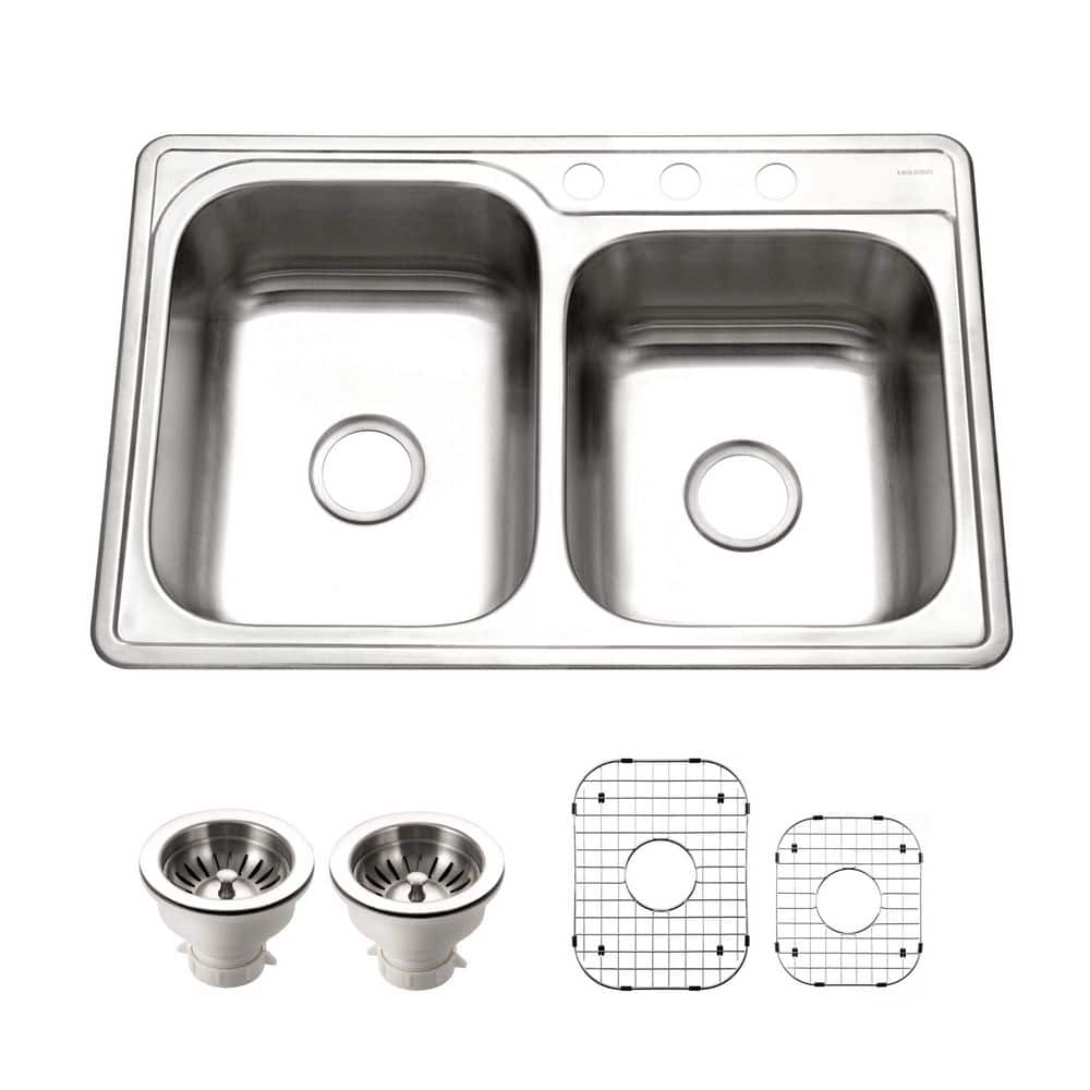 Glowtone 33 in. Stainless Steel Drop-In 3-Hole 60/40 Double Bowl Kitchen Sink with Accessories - ISL-3322BS3-C price history on PriceWatchPro