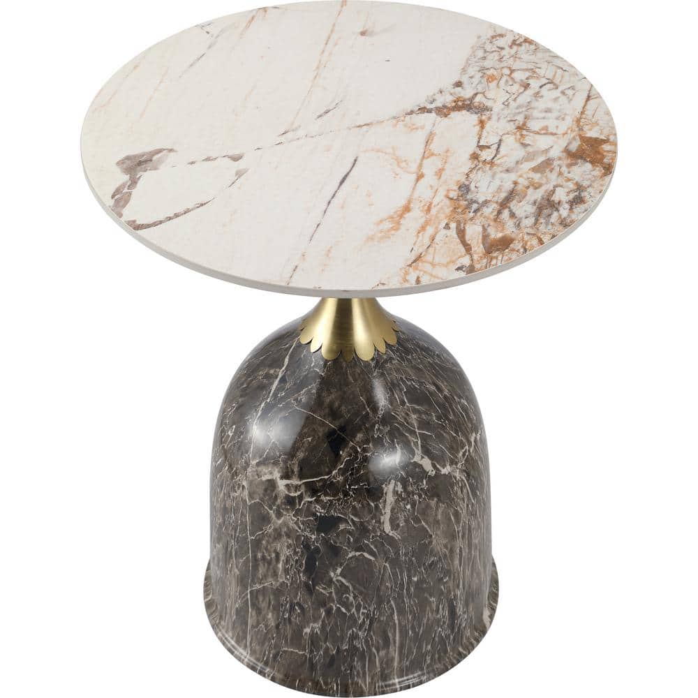 Marbled Brown Round Sintered Stone Side Table with Gold Neck