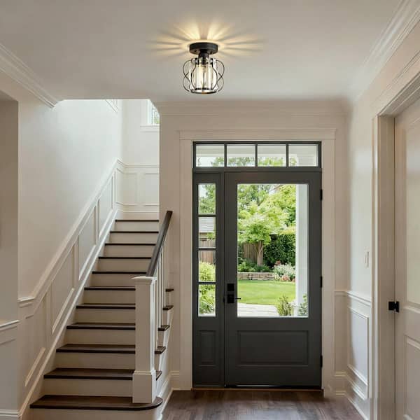 Emeritpro 7.8 in. 1-Light Black Semi Flush Mount Ceiling Light w