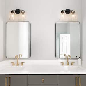 Modern Minimalist 14 in. 2-Light Black and Brass Bath Vanity Light with Bell Clear Glass Shades Powder Room Wall Light