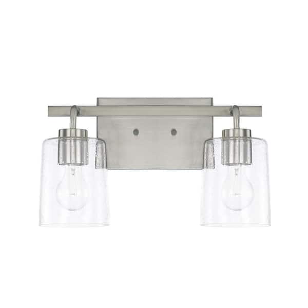HOMEPLACE LIGHTING 14.5 in. W x 9 in. H x 6 in. E 2-Light Clear Seeded Glass Vanity Light in Brushed Nickel
