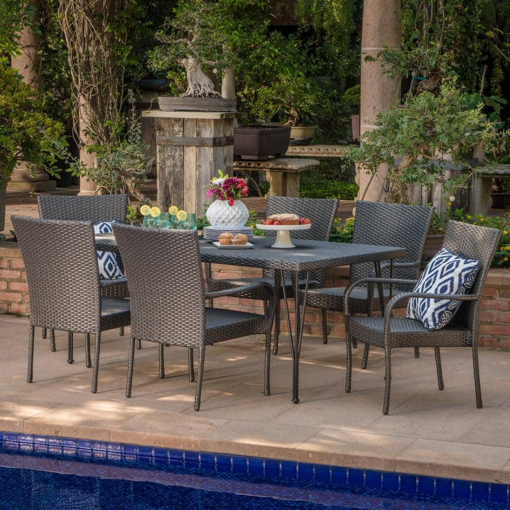 Noble House Macy Grey 7-Piece Faux Rattan Outdoor Dining Set with Stacking Chairs -  21190