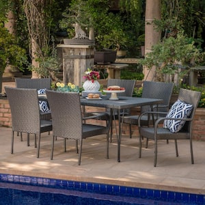 Macy Grey 7-Piece Faux Rattan Outdoor Dining Set with Stacking Chairs